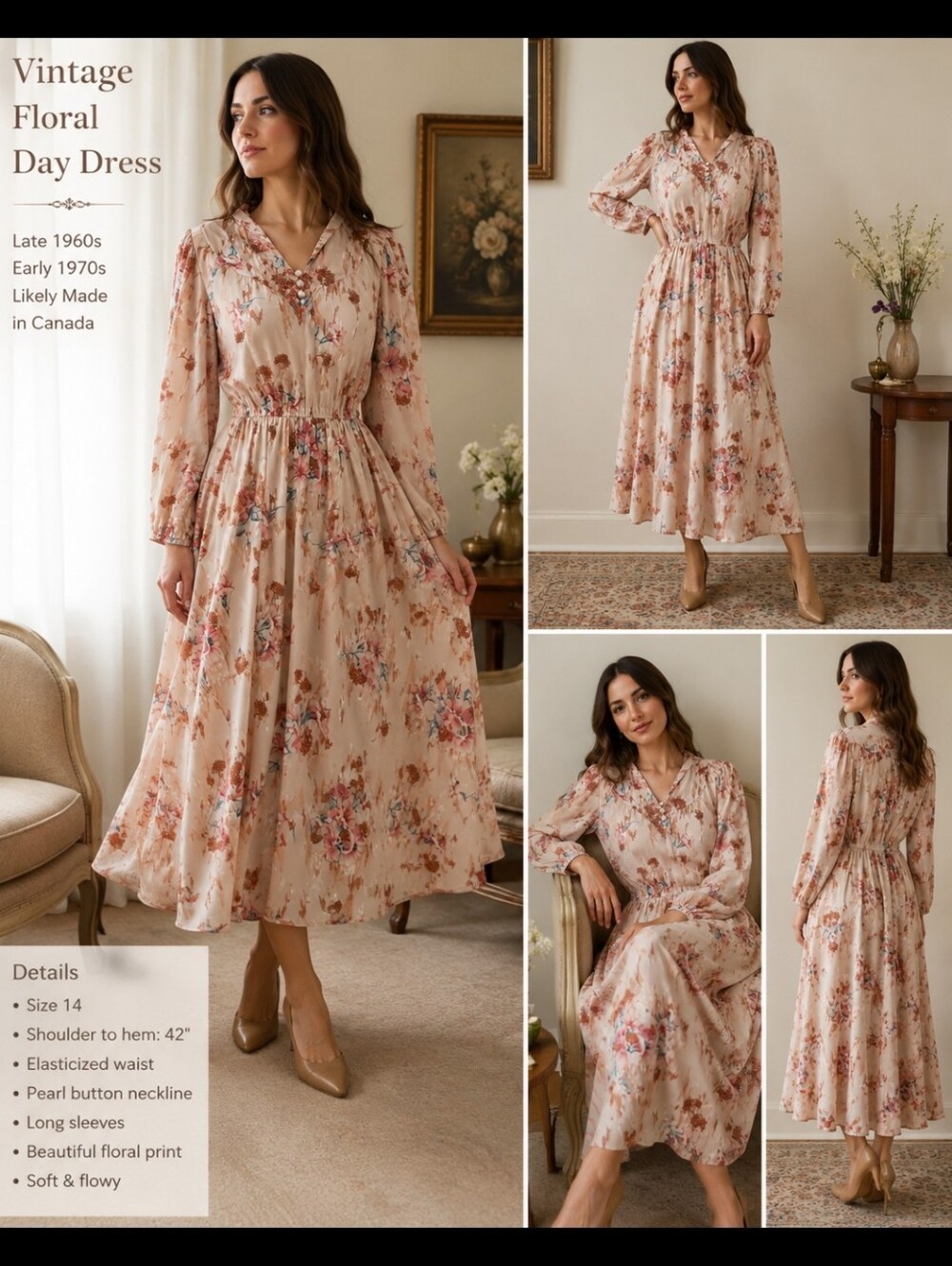 Beautiful vintage floral dress 1960's Day Dress Size Med Boho Praire Cottagecore